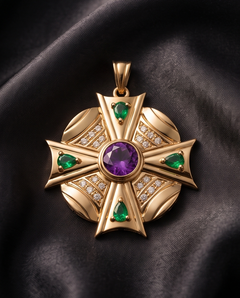 14K Yellow Gold Amethyst, Emerald & Diamond Maltese Cross Pendant