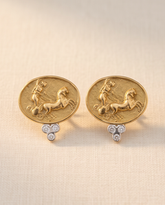 Raymond Mazza 14K Yellow Gold Ancient Chariot Motif Diamond Earrings