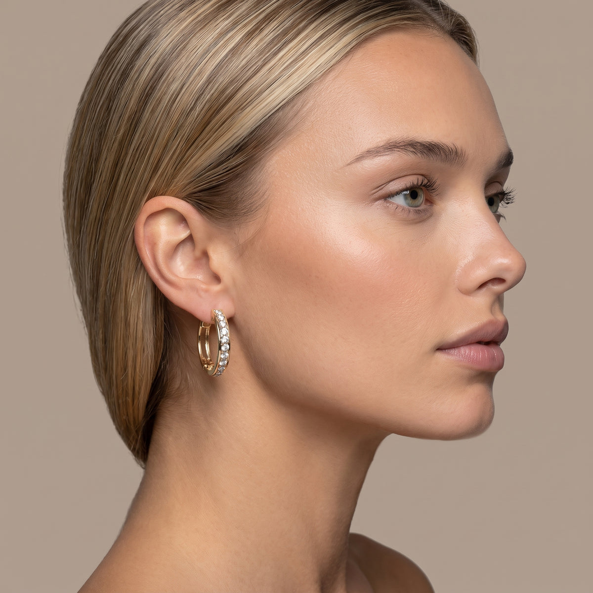 14K Yellow Gold Diamond Medium Hoop Earrings, 1.25 in