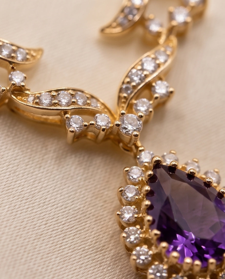 Close-up of diamond scrolls and amethyst halo
