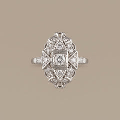 Art Deco style platinum diamond dinner ring, front view
