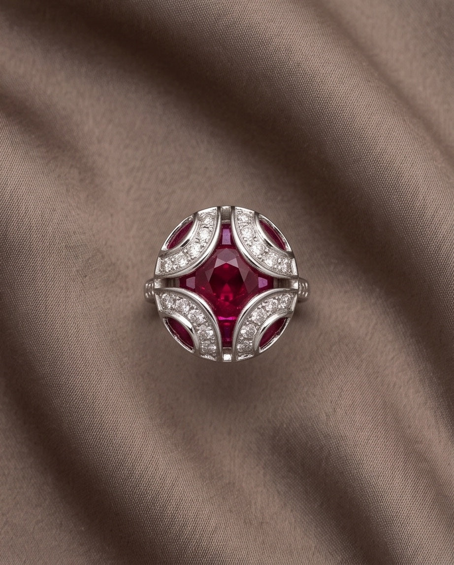 18K white gold oval ruby and diamond ring, top view