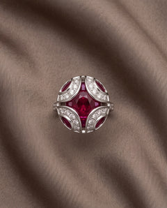 18K white gold oval ruby and diamond ring, top view