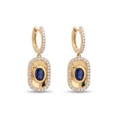 14K yellow gold oval sapphire and diamond halo drop earrings, front view