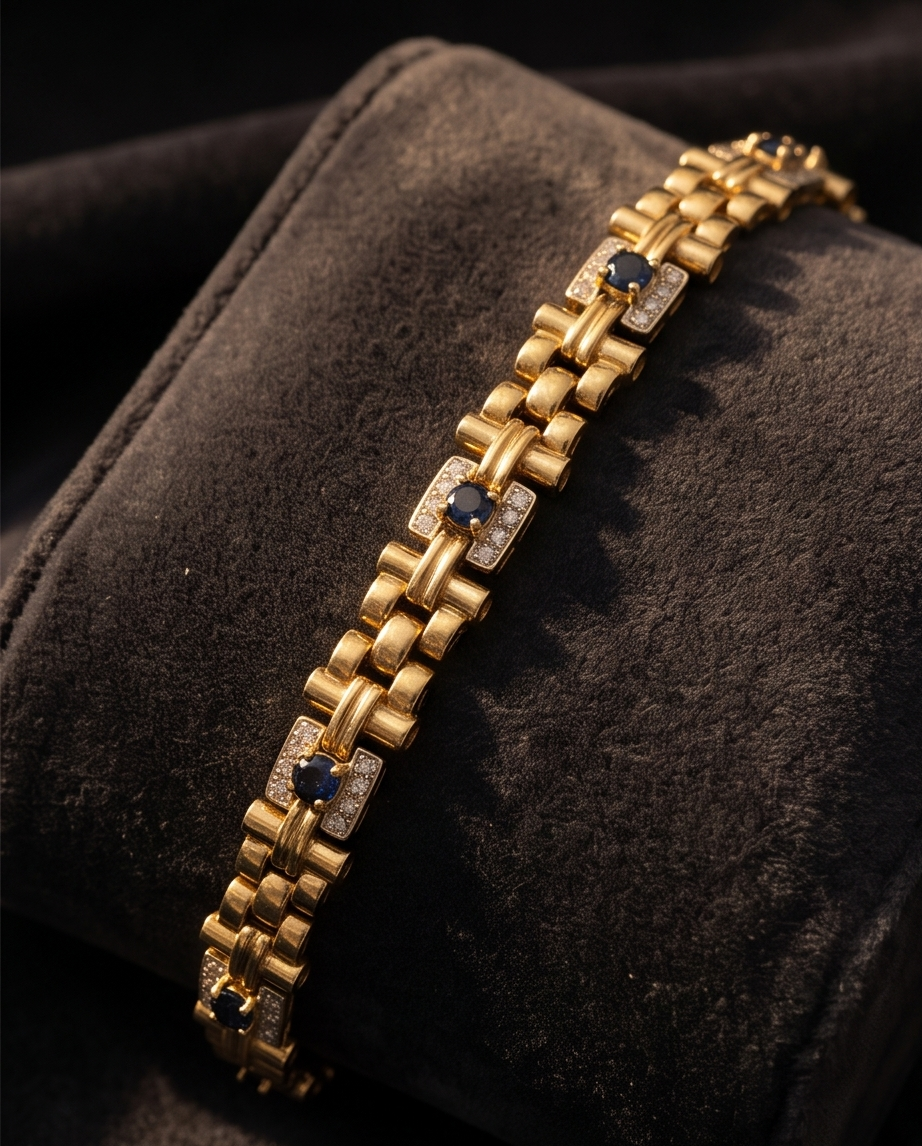 Estate 14K Yellow Gold Sapphire & Diamond Basket-Weave Link Bracelet