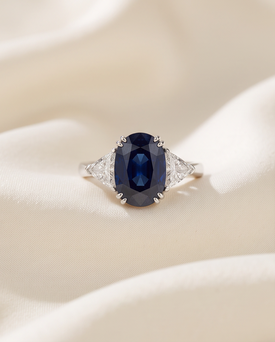 4.87 Carat Oval Sapphire & Trillion Diamond Three-Stone Ring in 18K