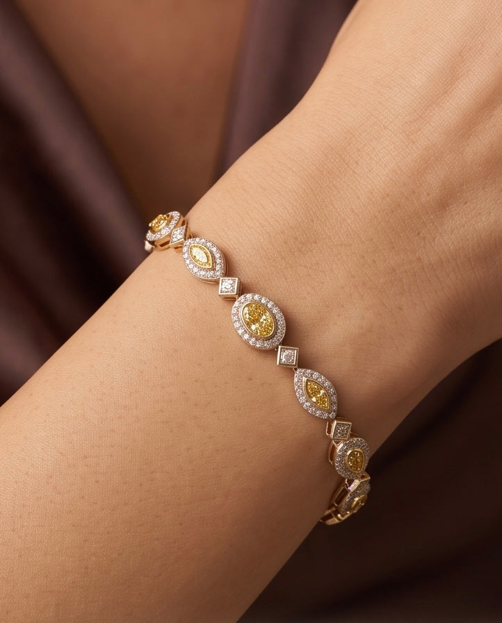Fancy Yellow Diamond Halo Line Bracelet — 18kt Two-Tone, 8.33 ct TW