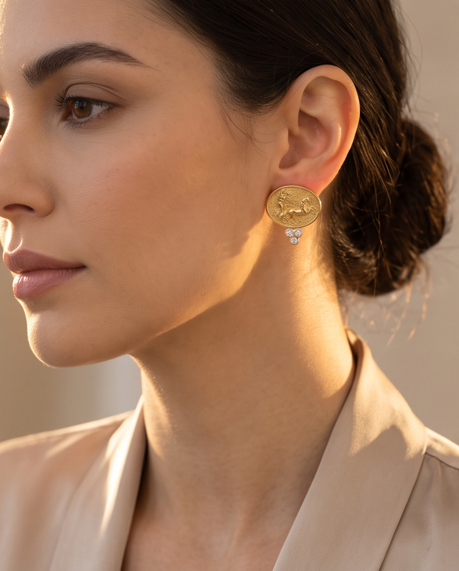Raymond Mazza 14K Yellow Gold Ancient Chariot Motif Diamond Earrings