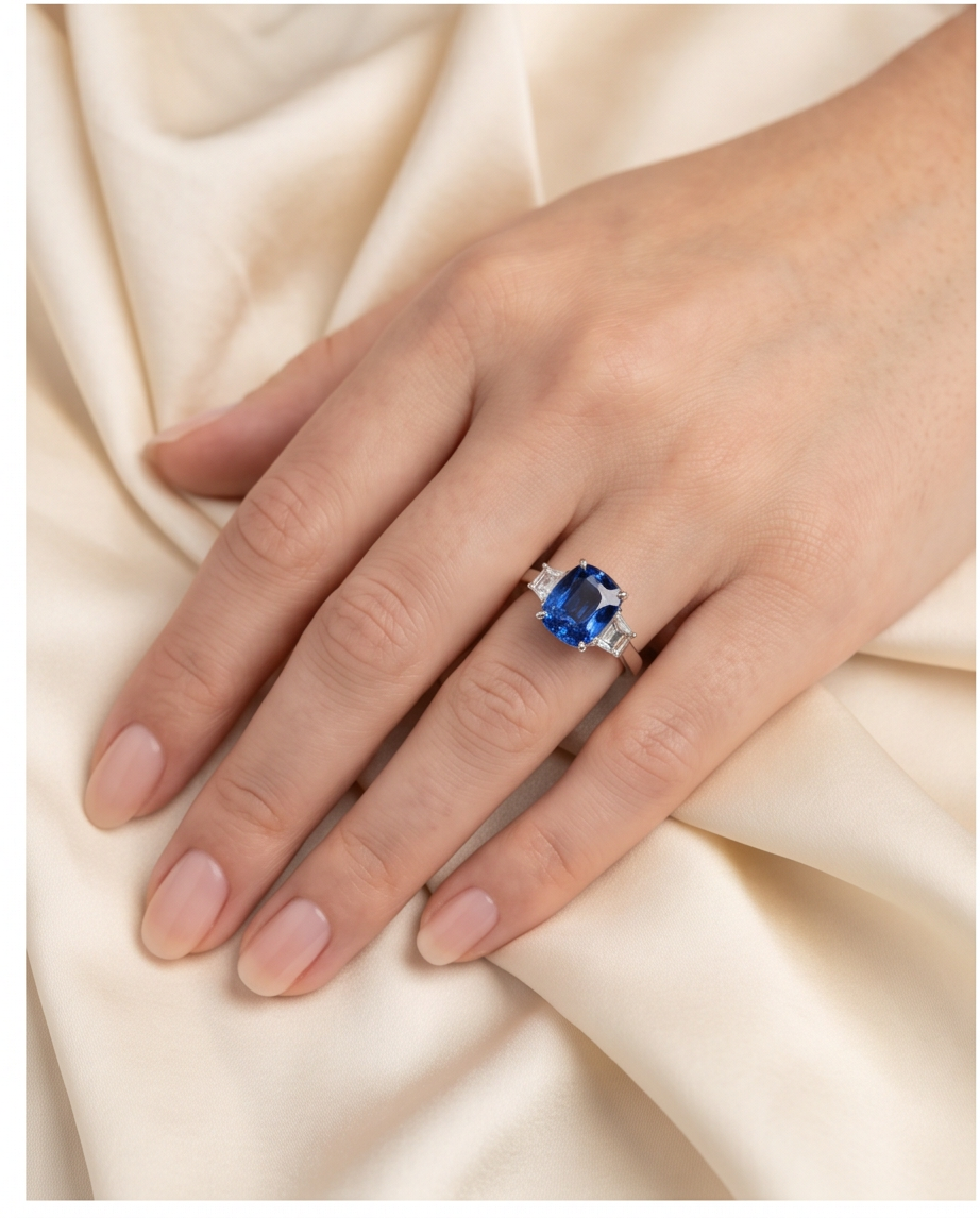Elongated Cushion Cut Ceylon Sapphire and Diamond Ring