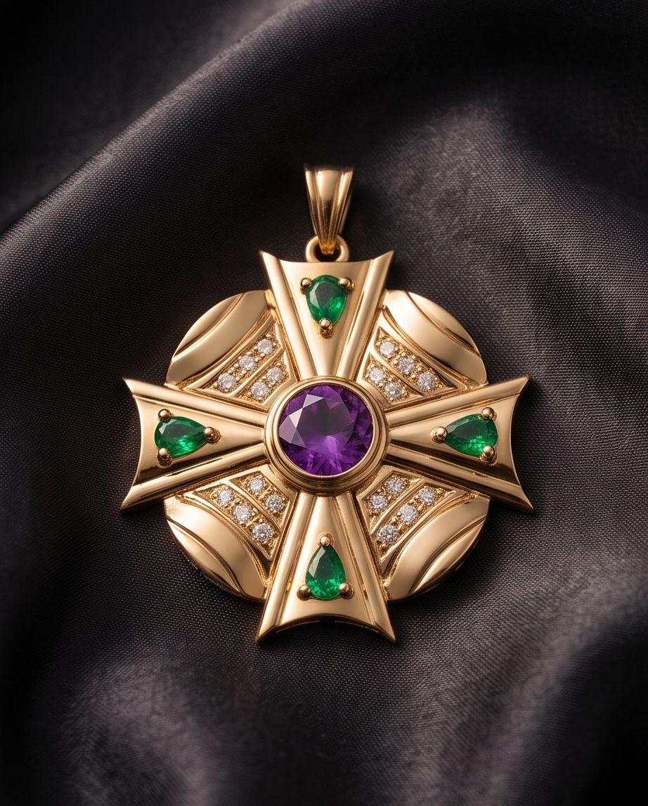 14K Yellow Gold Amethyst, Emerald & Diamond Maltese Cross Pendant