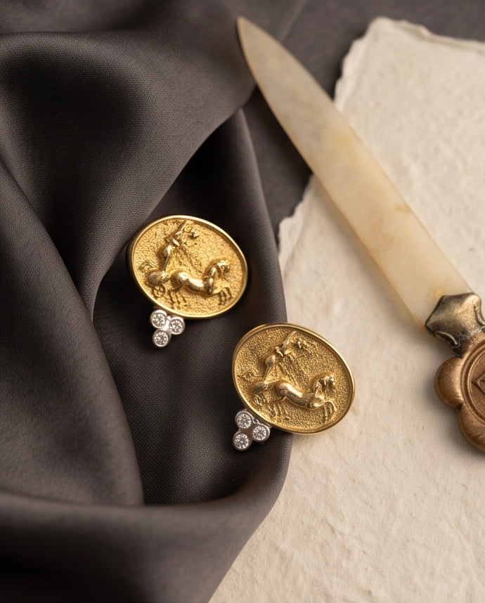 Raymond Mazza 14K Yellow Gold Ancient Chariot Motif Diamond Earrings