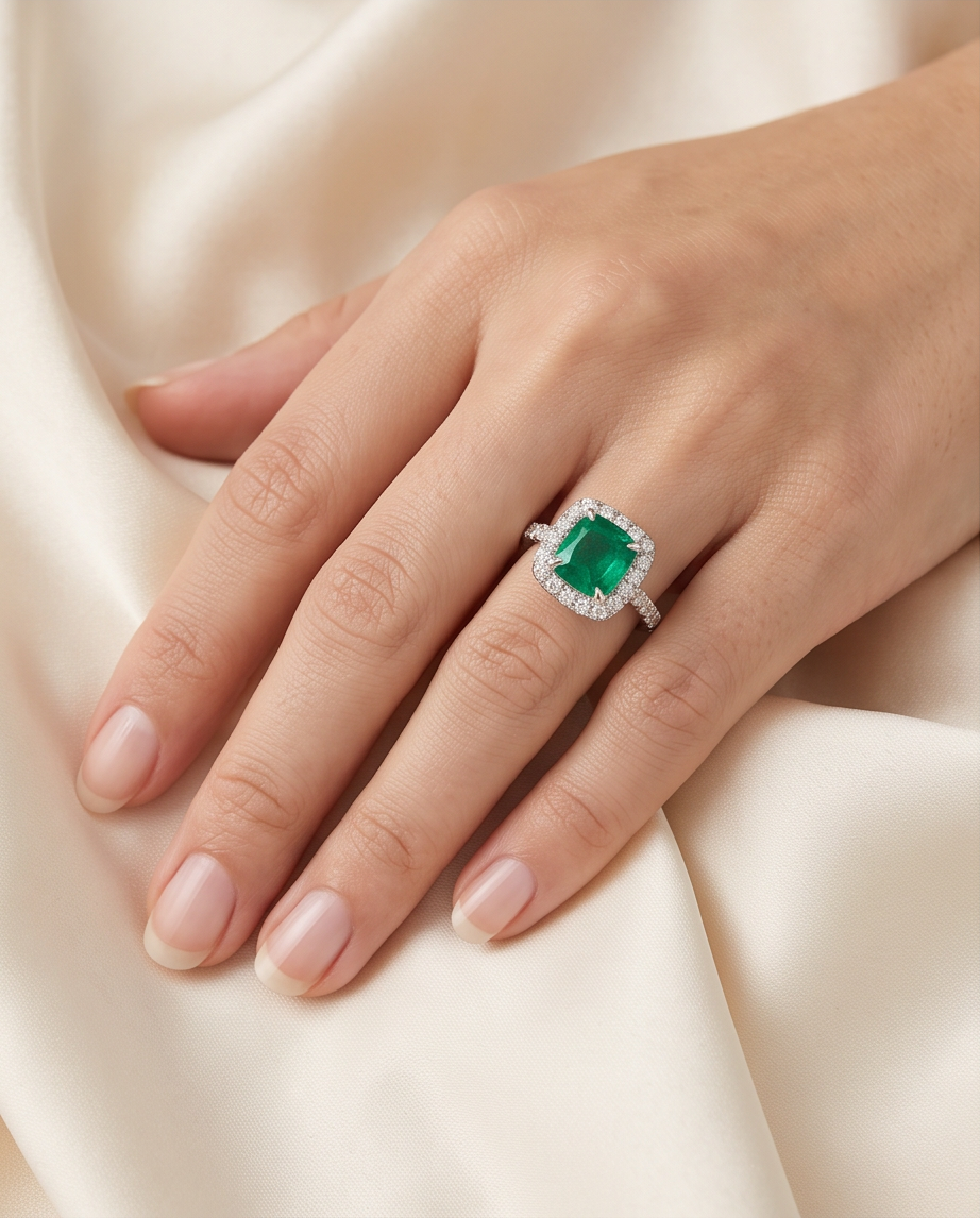 18K White Gold Emerald & Diamond Halo Ring