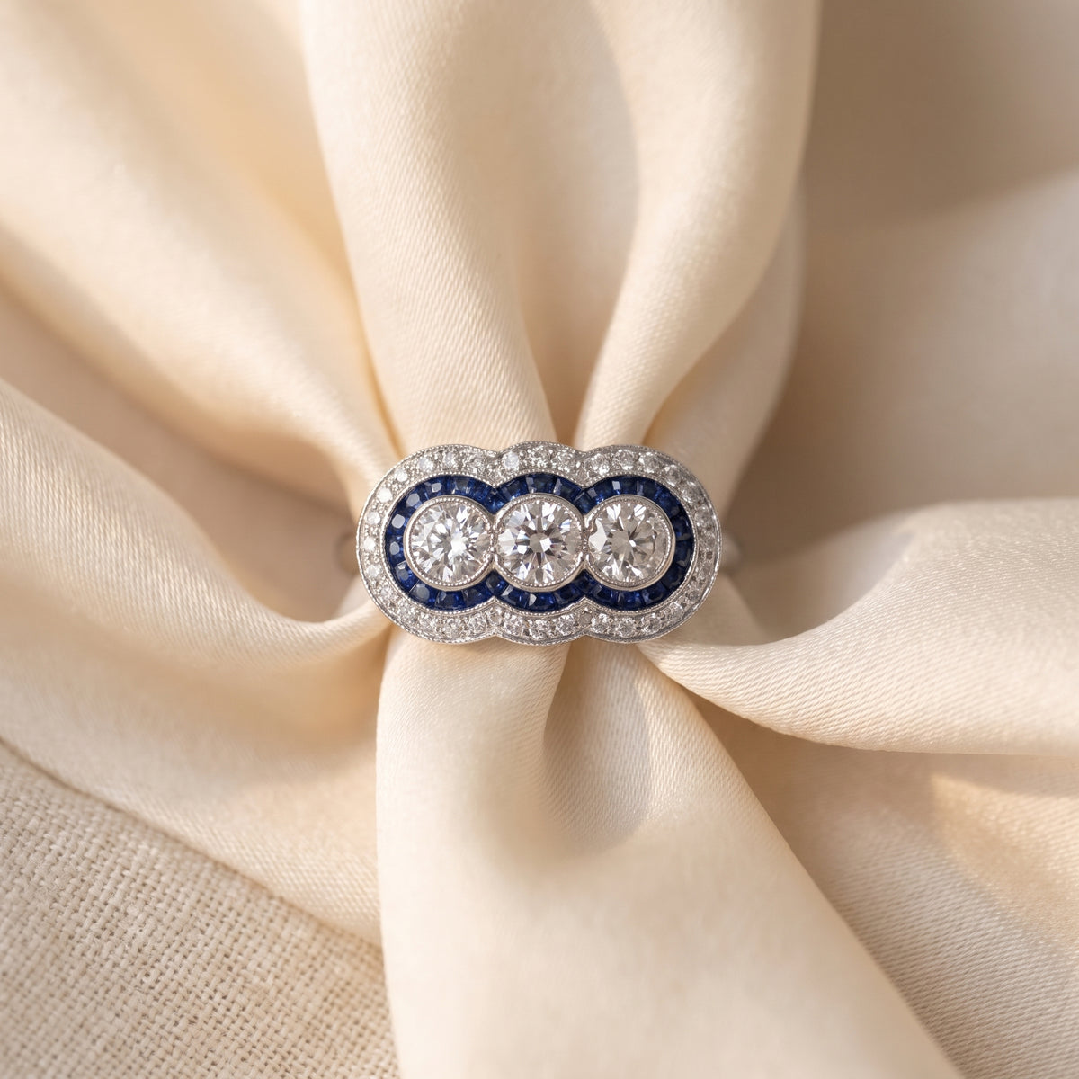 Sapphire & Diamond Three-Stone Deco Ring | 14kt White Gold