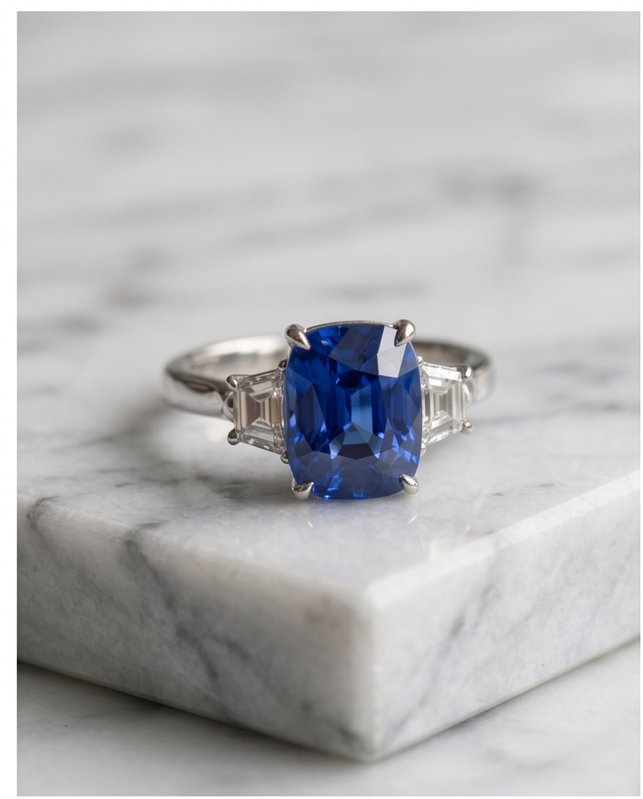 Elongated Cushion Cut Ceylon Sapphire and Diamond Ring
