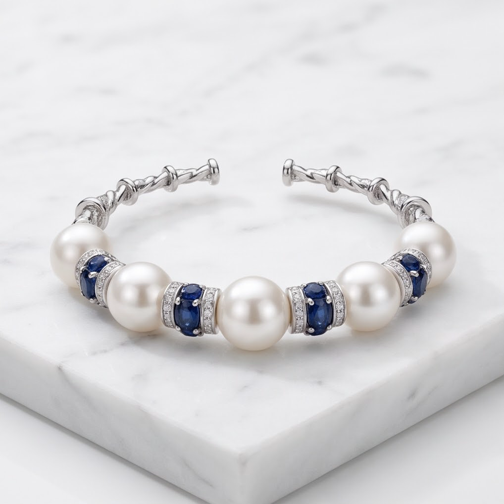 South Sea Pearl, Sapphire & Diamond Bracelet in 18K White Gold