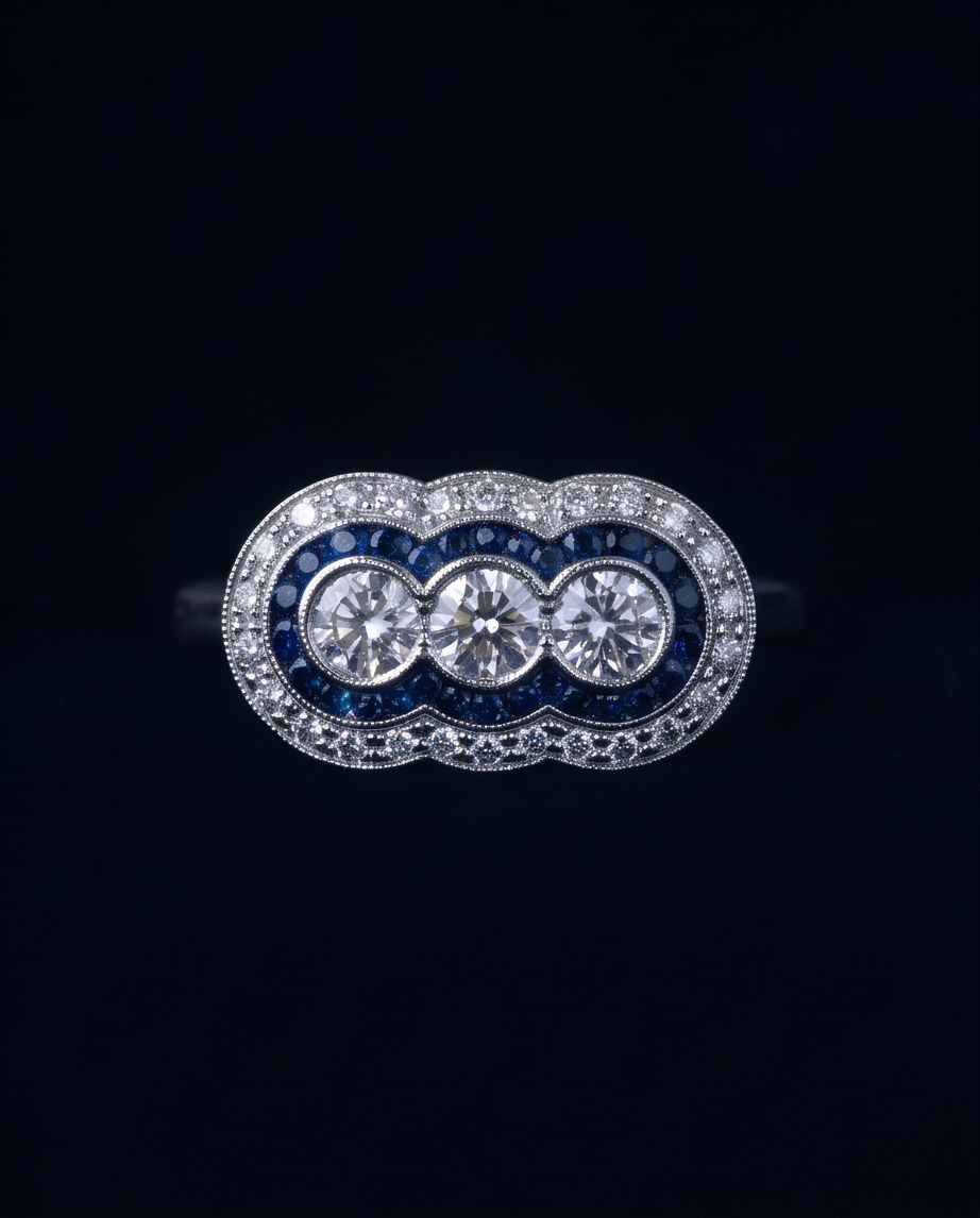 Sapphire & Diamond Three-Stone Deco Ring | 14kt White Gold