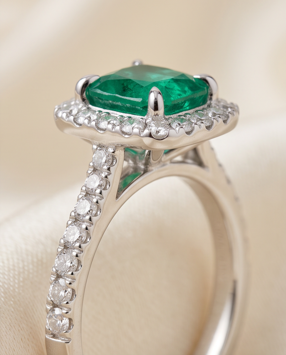 18K White Gold Emerald & Diamond Halo Ring
