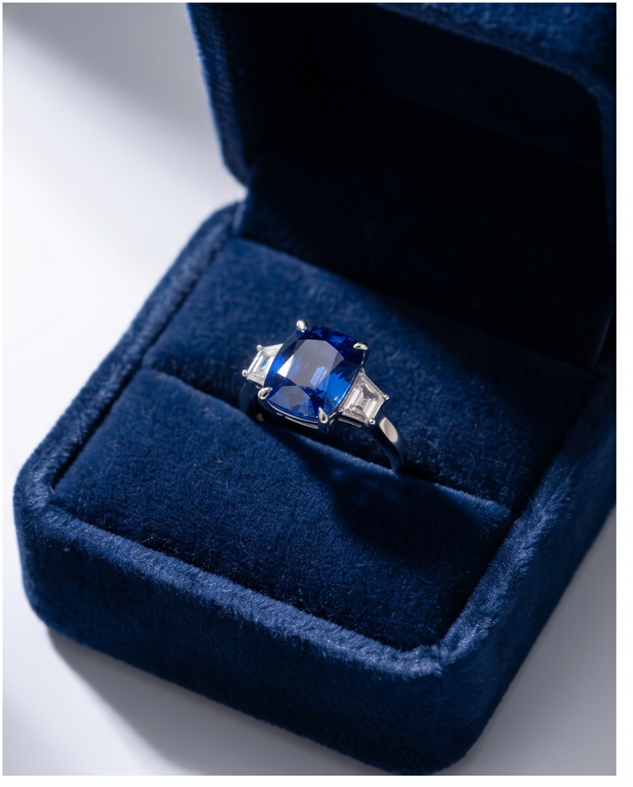 Elongated Cushion Cut Ceylon Sapphire and Diamond Ring