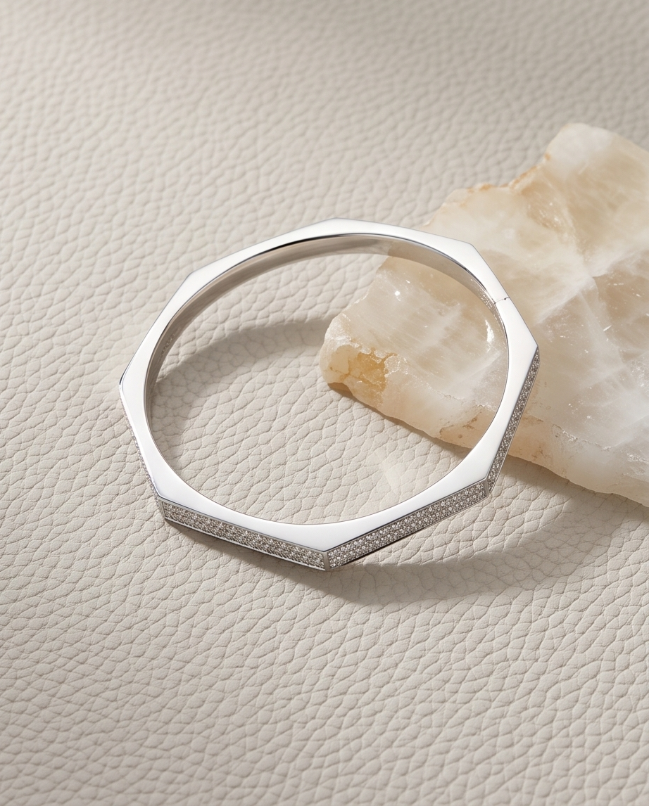 Geometric Pavé Diamond Hinged Bangle — 18K White Gold