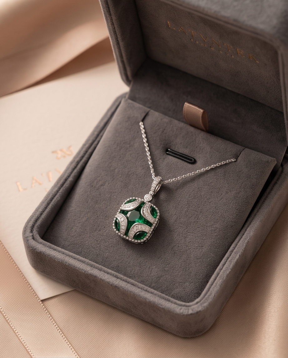 18kt White Gold Emerald & Diamond Art Deco Pendant Necklace