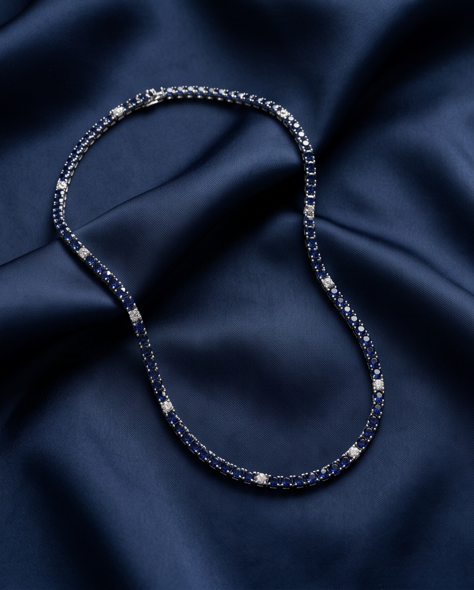 18kt White Gold Blue Sapphire & Diamond Line Necklace — 10.93 ctw, 18”