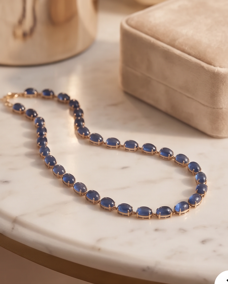 Kyanite Cabochon Riviére Necklace in 14K Yellow Gold
