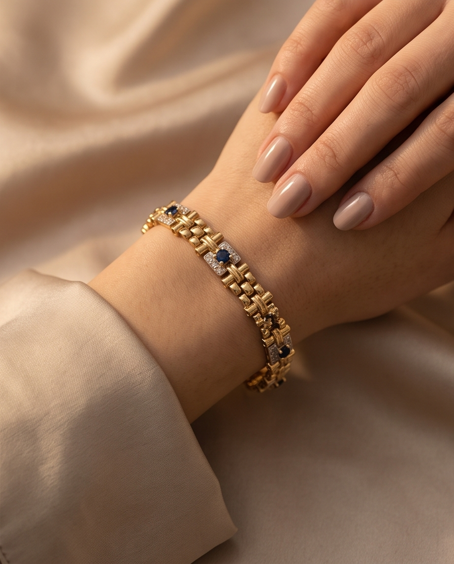 Estate 14K Yellow Gold Sapphire & Diamond Basket-Weave Link Bracelet