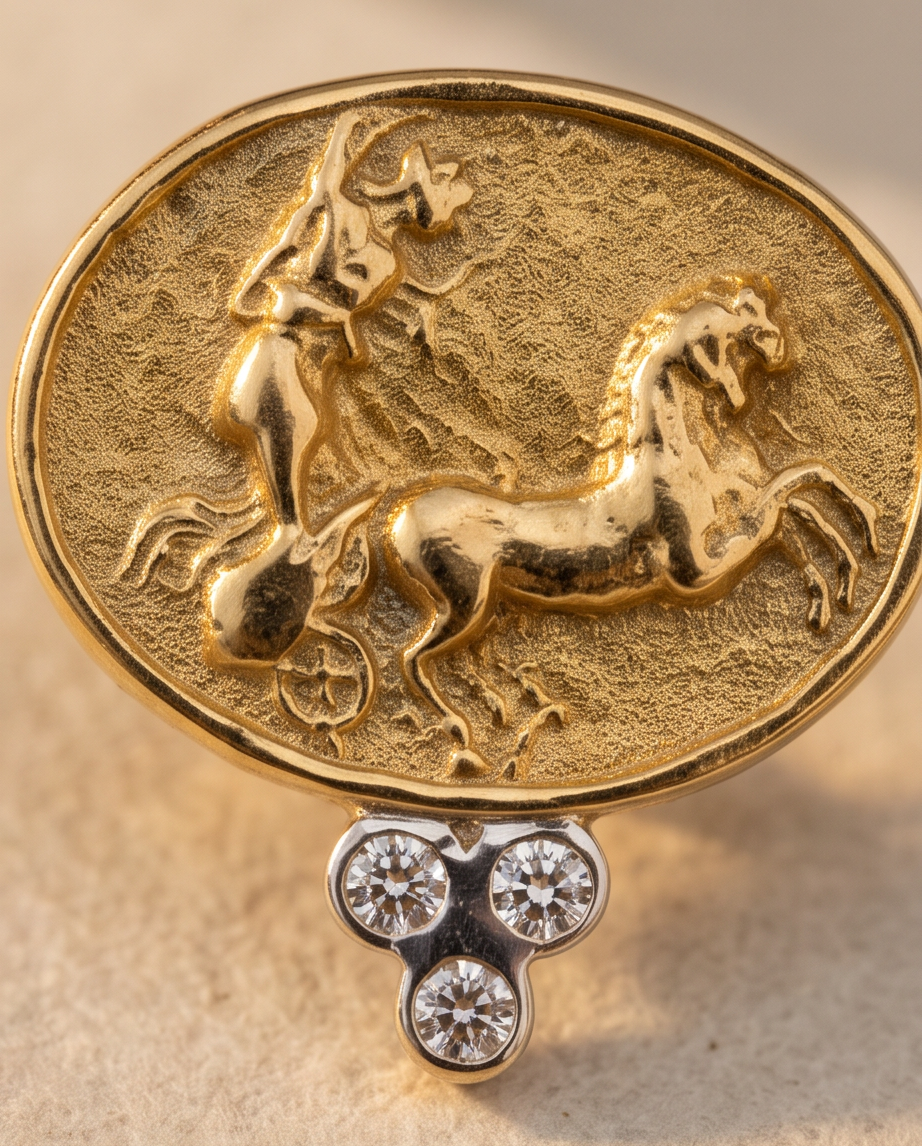 Raymond Mazza 14K Yellow Gold Ancient Chariot Motif Diamond Earrings