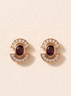 Estate Garnet & Diamond Deco Earrings in 14kt Yellow Gold