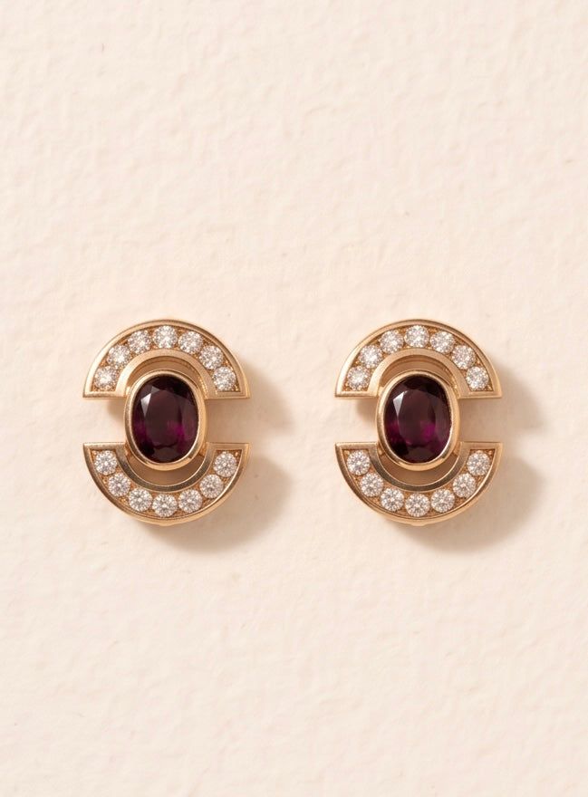 Estate Garnet & Diamond Deco Earrings in 14kt Yellow Gold