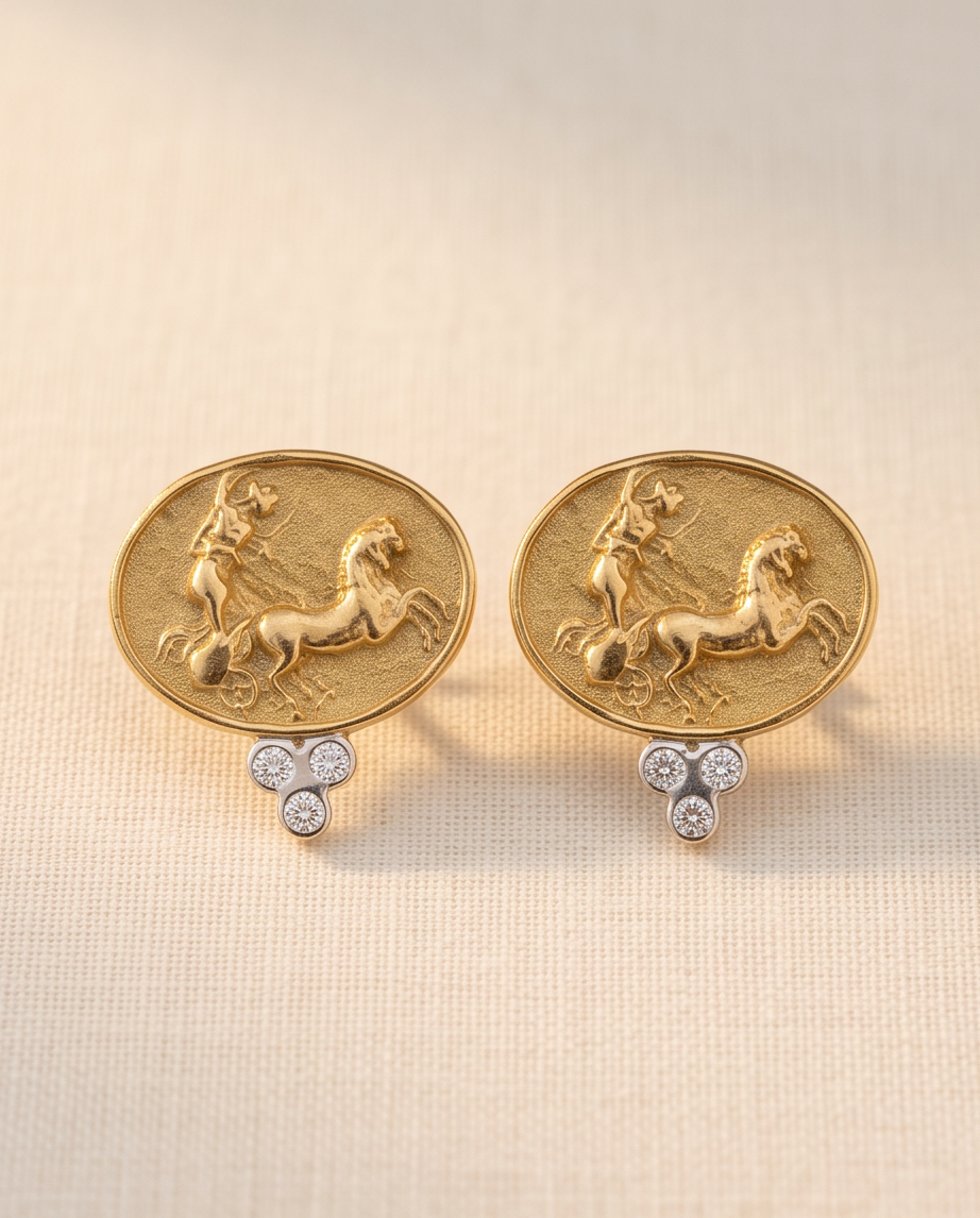 Raymond Mazza 14K Yellow Gold Ancient Chariot Motif Diamond Earrings