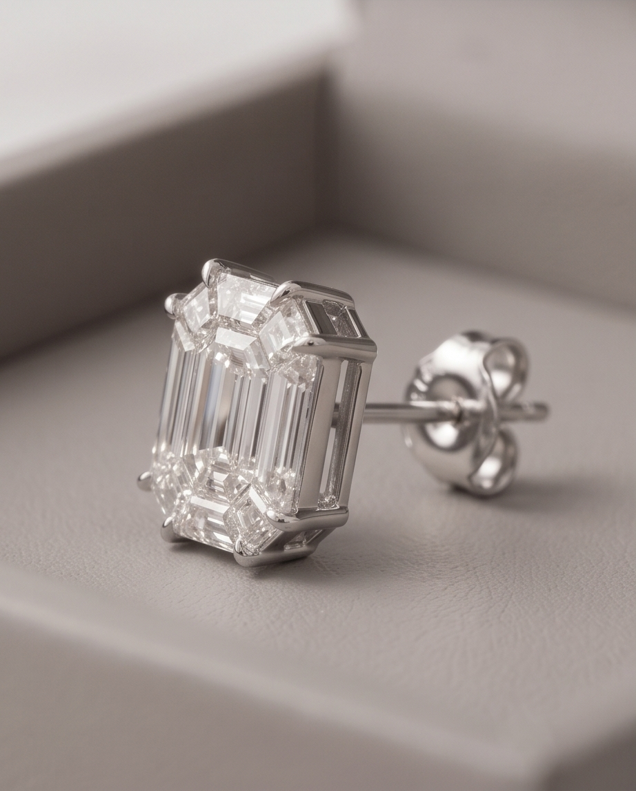 Emerald Illusion Diamond Stud Earrings — 1.09 ctw, 18K White Gold