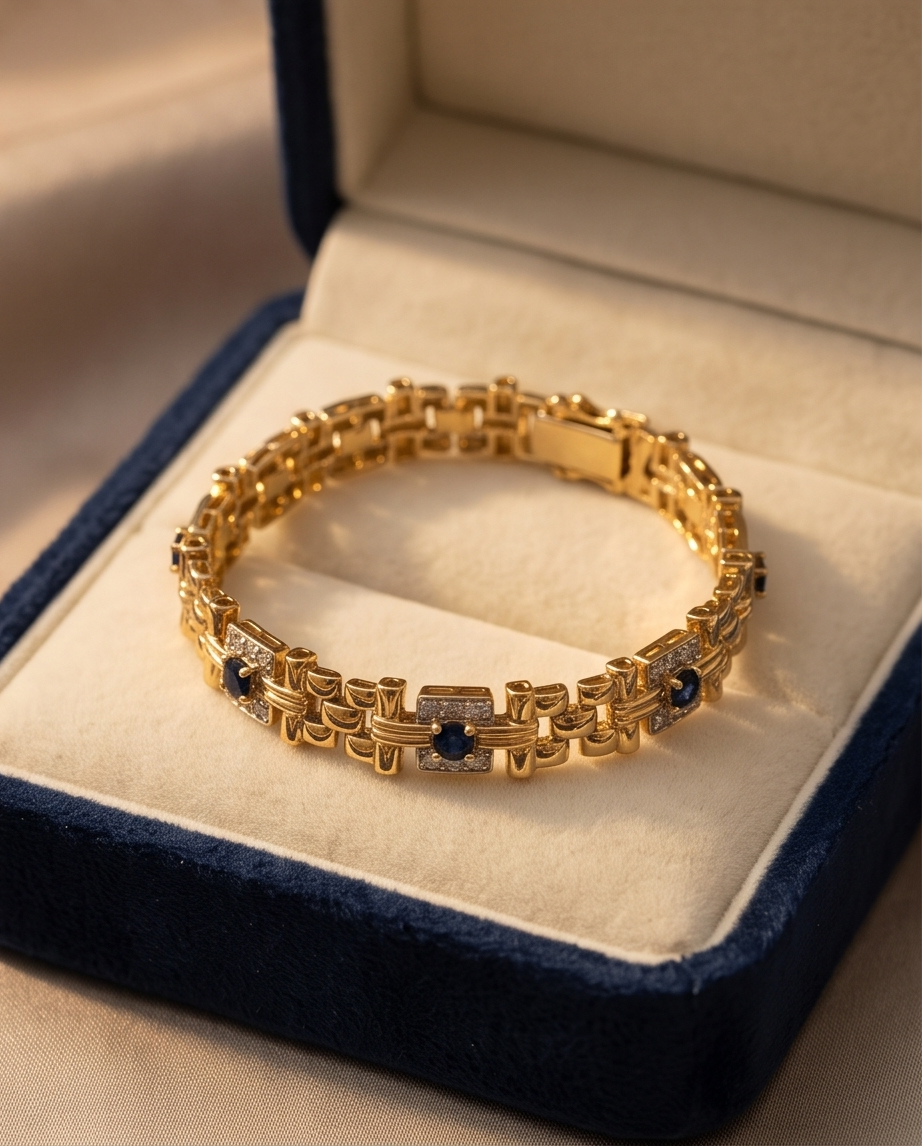 Estate 14K Yellow Gold Sapphire & Diamond Basket-Weave Link Bracelet