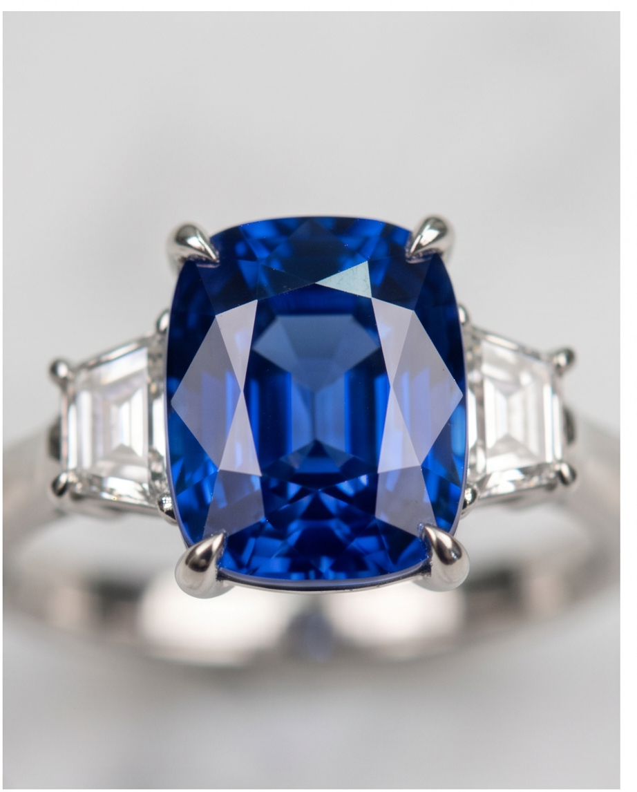 Elongated Cushion Cut Ceylon Sapphire and Diamond Ring