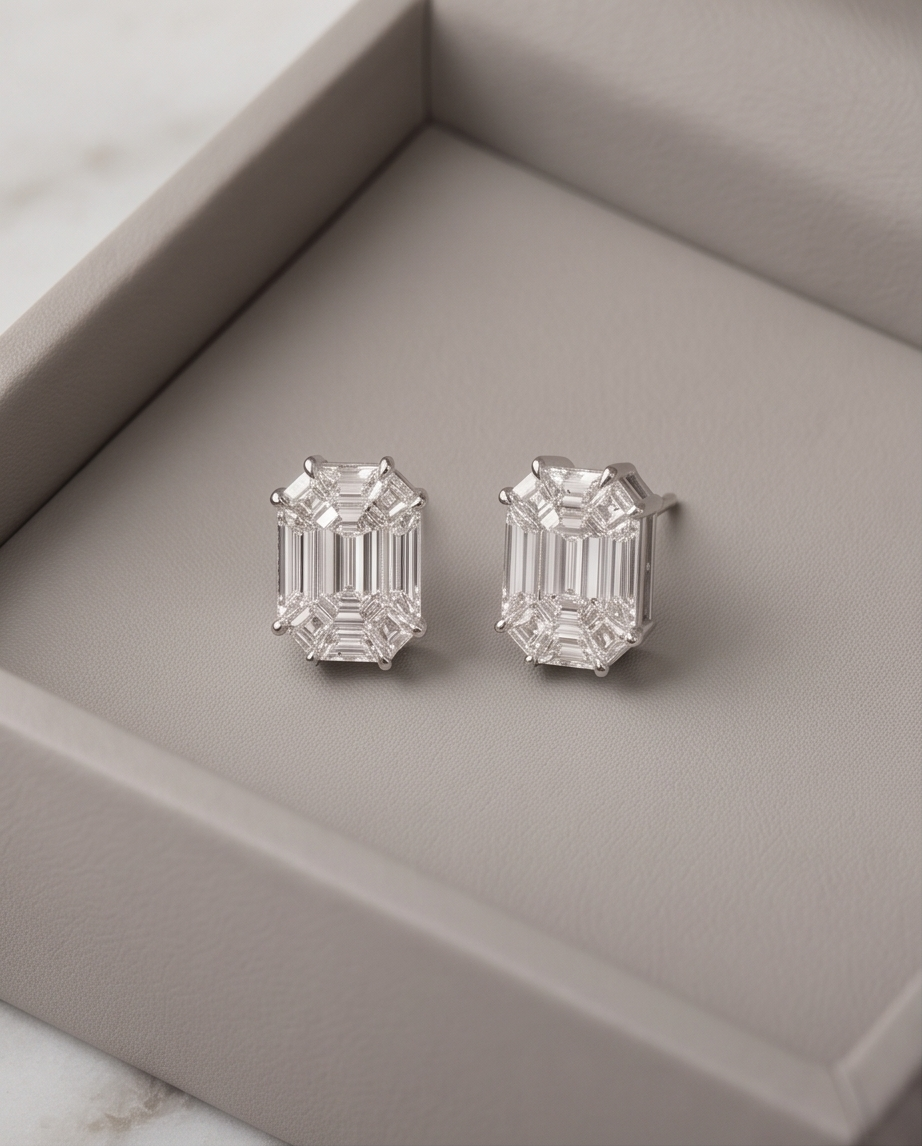 Emerald Illusion Diamond Stud Earrings — 1.09 ctw, 18K White Gold
