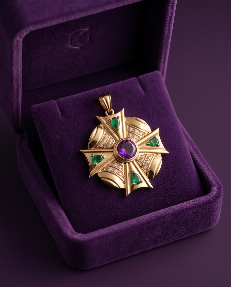 14K Yellow Gold Amethyst, Emerald & Diamond Maltese Cross Pendant