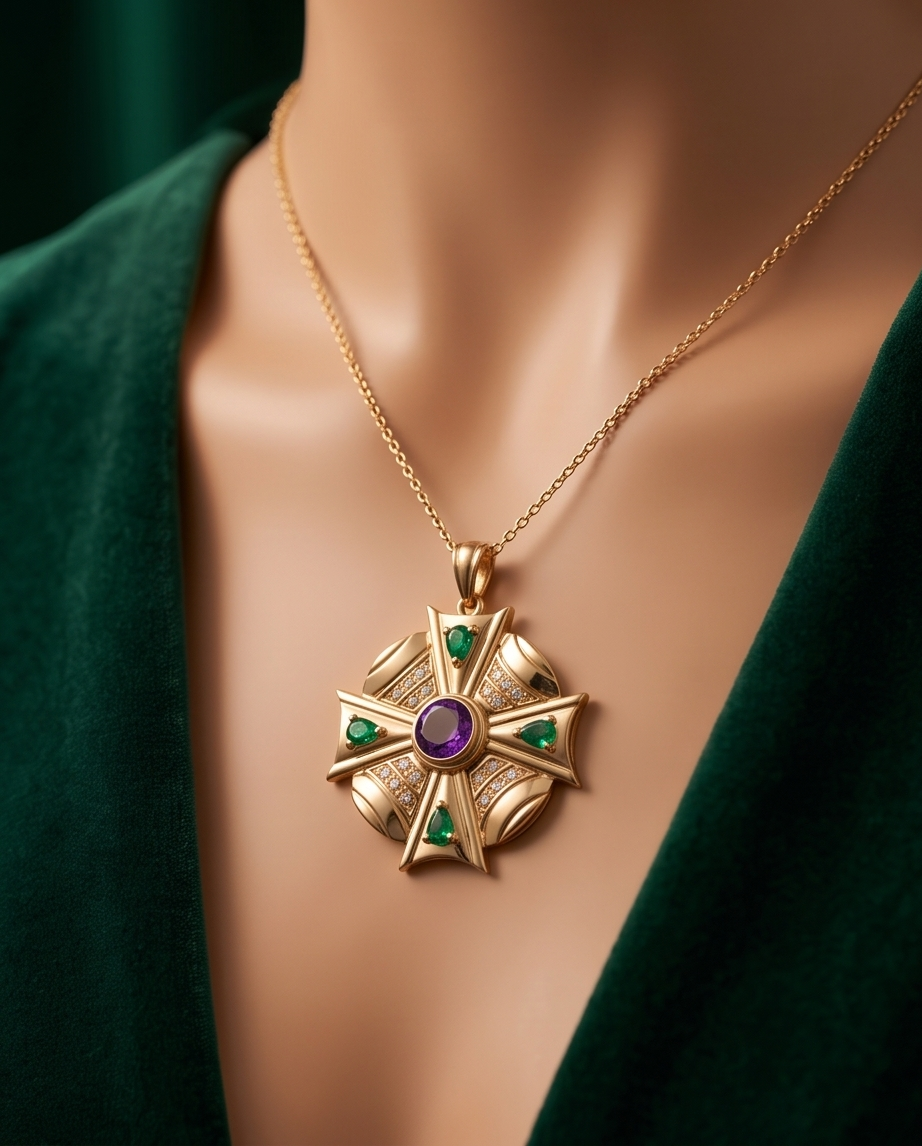 14K Yellow Gold Amethyst, Emerald & Diamond Maltese Cross Pendant