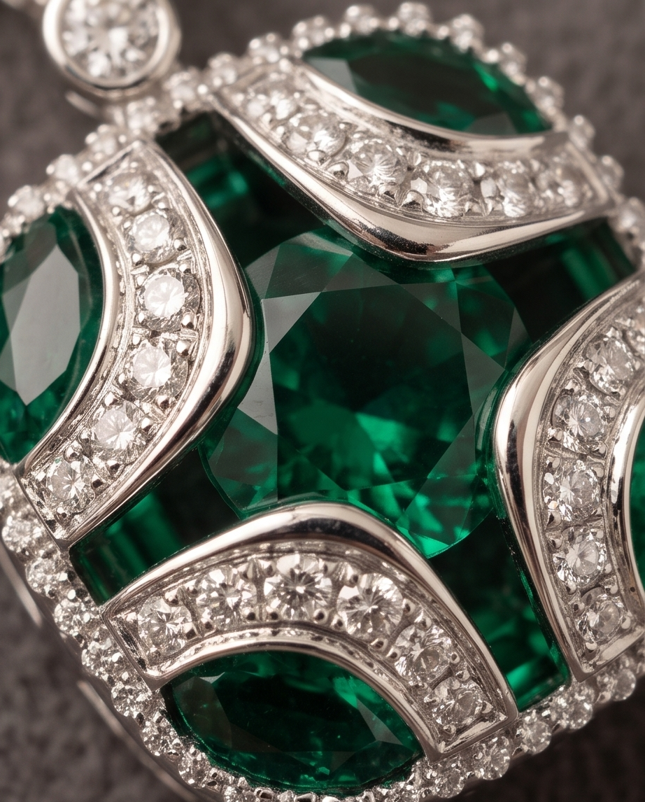 18kt White Gold Emerald & Diamond Art Deco Pendant Necklace