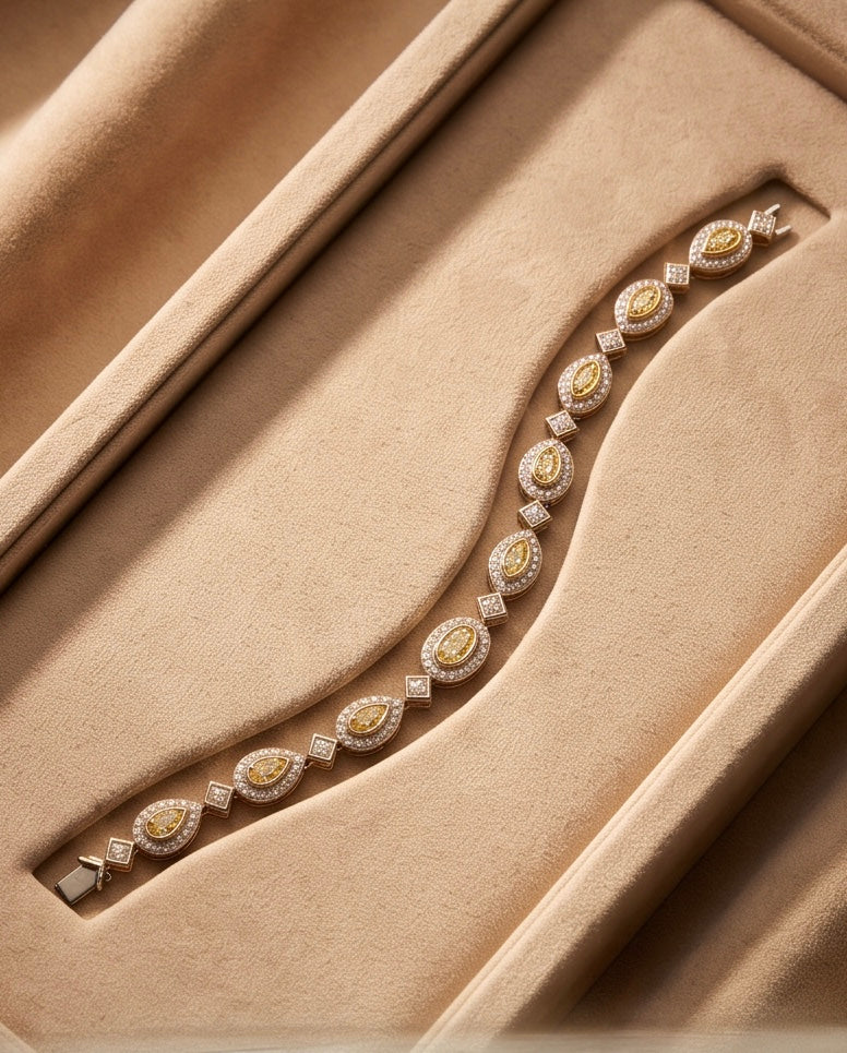 Fancy Yellow Diamond Halo Line Bracelet — 18kt Two-Tone, 8.33 ct TW