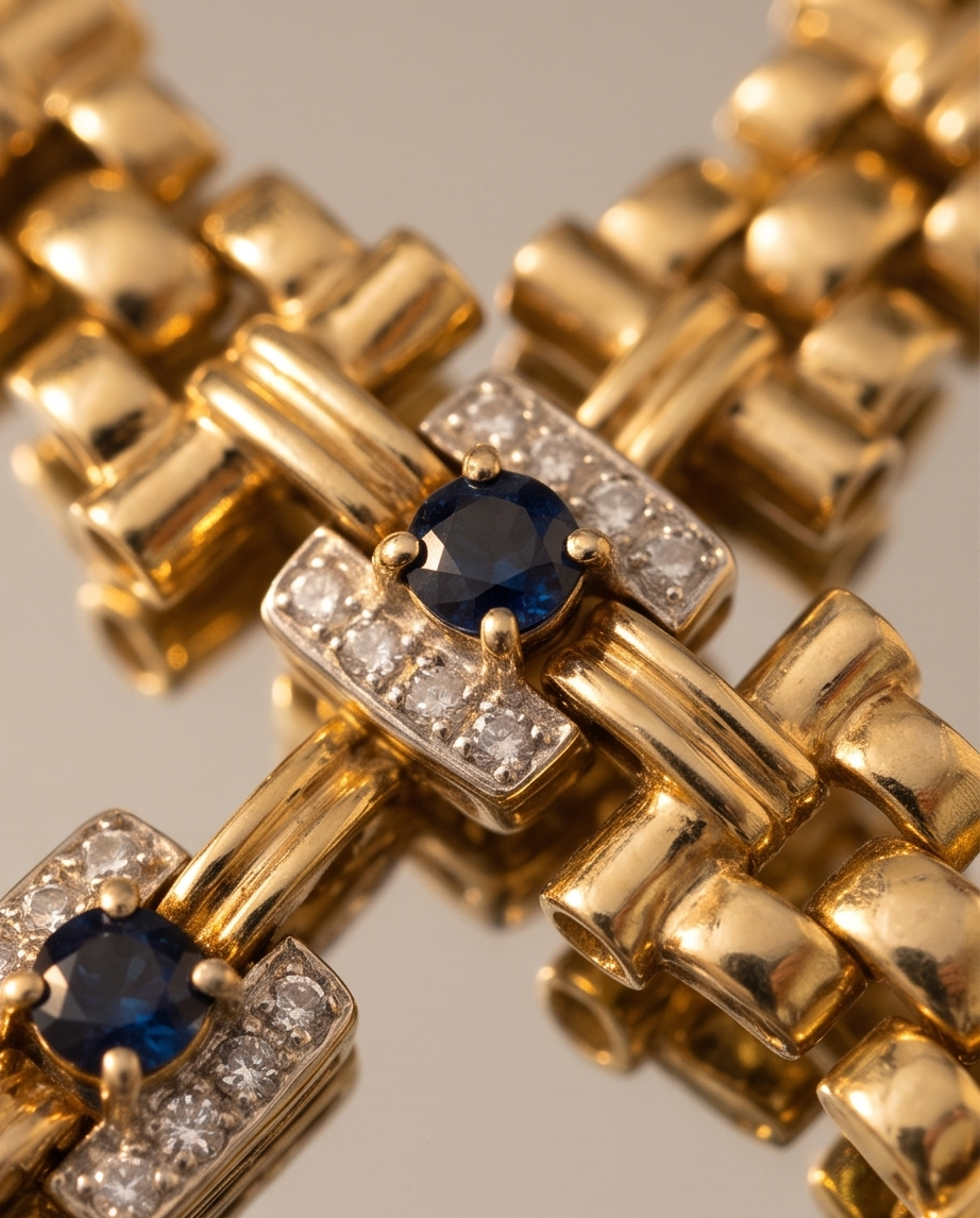 Estate 14K Yellow Gold Sapphire & Diamond Basket-Weave Link Bracelet