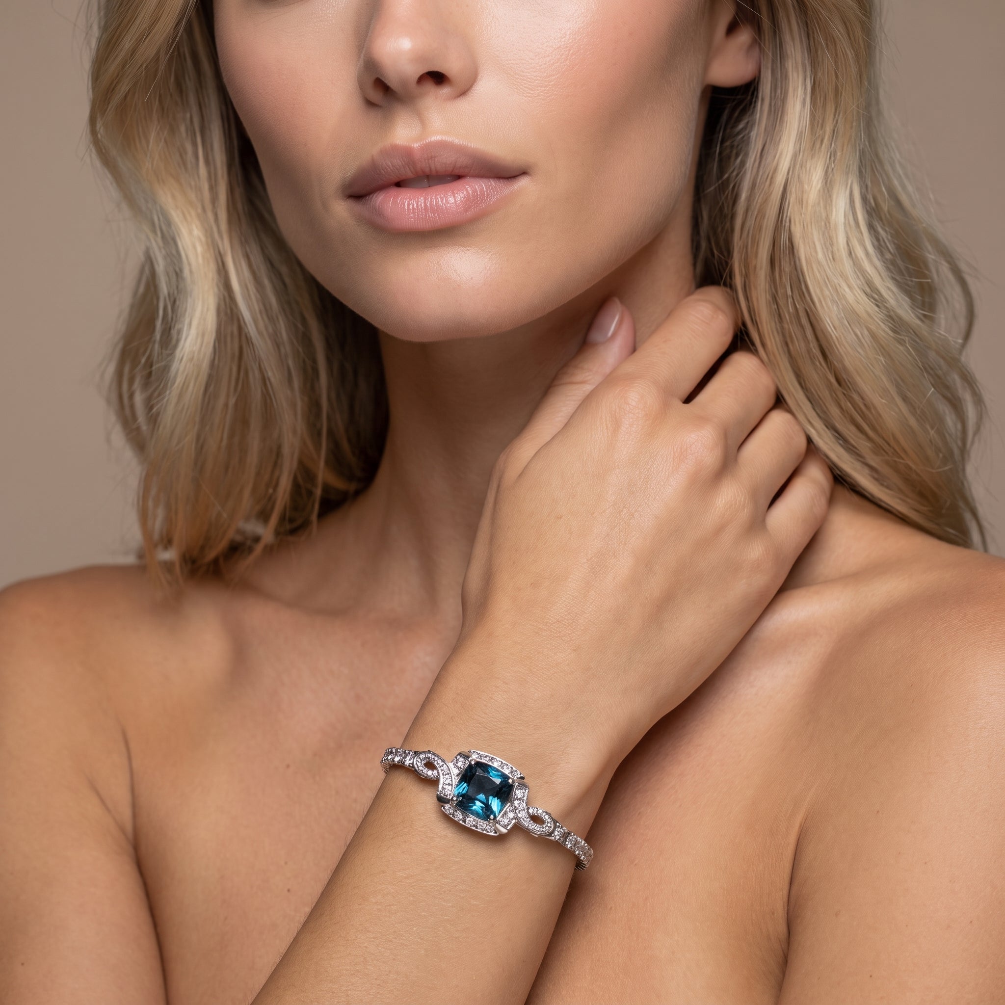 5.30 Carat Cushion-Cut Blue Topaz Bracelet in Antique Watch Casing, 14K White Gold
