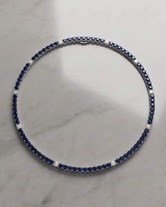 18kt White Gold Blue Sapphire & Diamond Line Necklace — 10.93 ctw, 18”