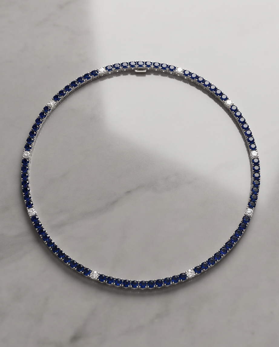 18kt White Gold Blue Sapphire & Diamond Line Necklace — 10.93 ctw, 18”