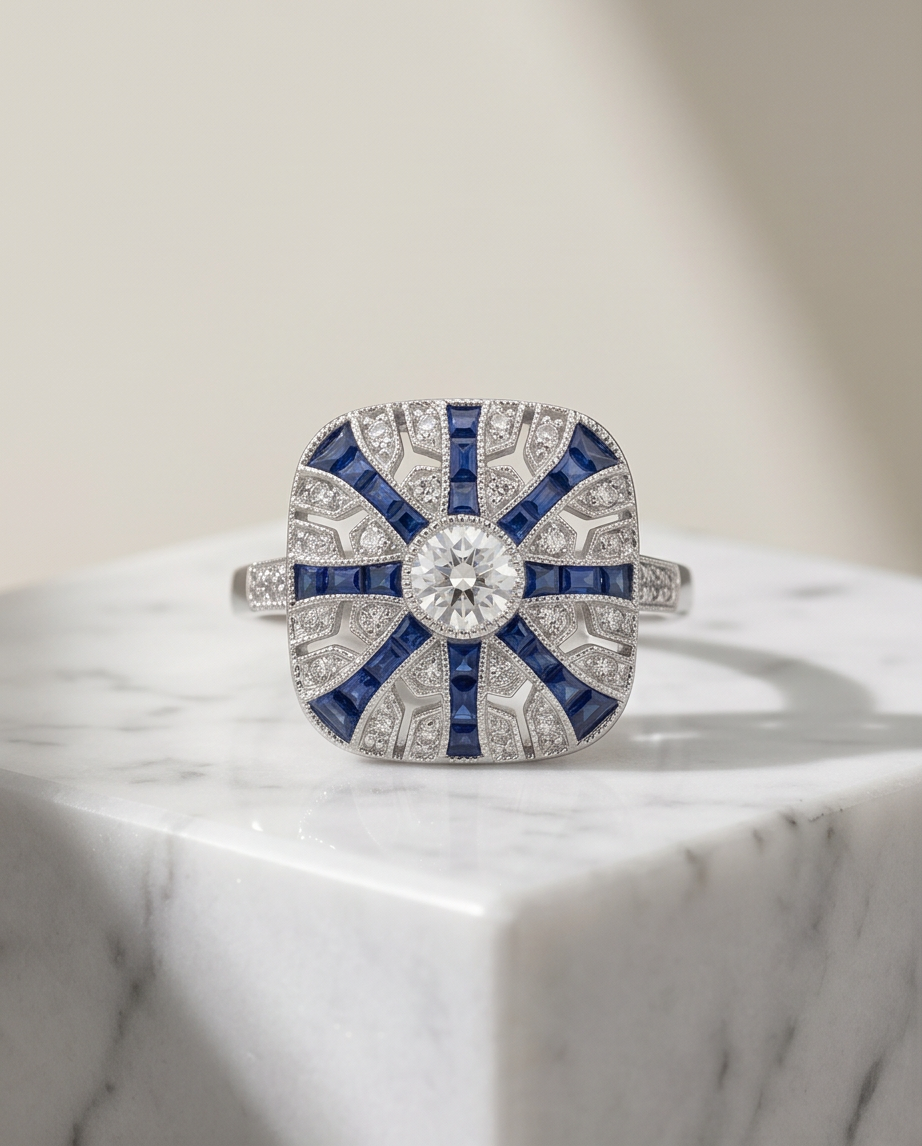 Art Deco Style Sapphire and Diamond Ring