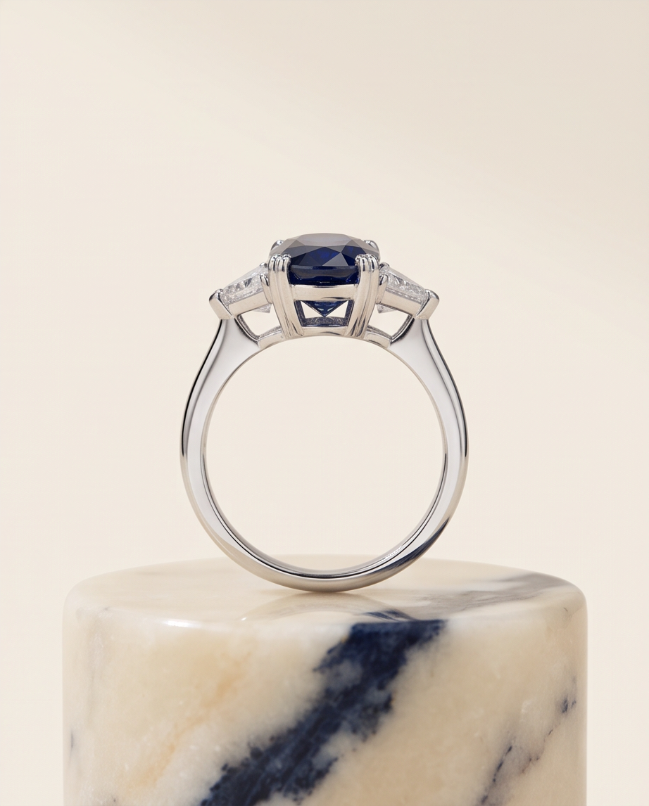 4.87 Carat Oval Sapphire & Trillion Diamond Three-Stone Ring in 18K