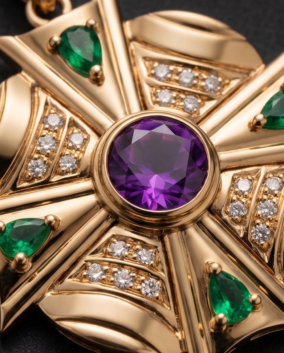 14K Yellow Gold Amethyst, Emerald & Diamond Maltese Cross Pendant