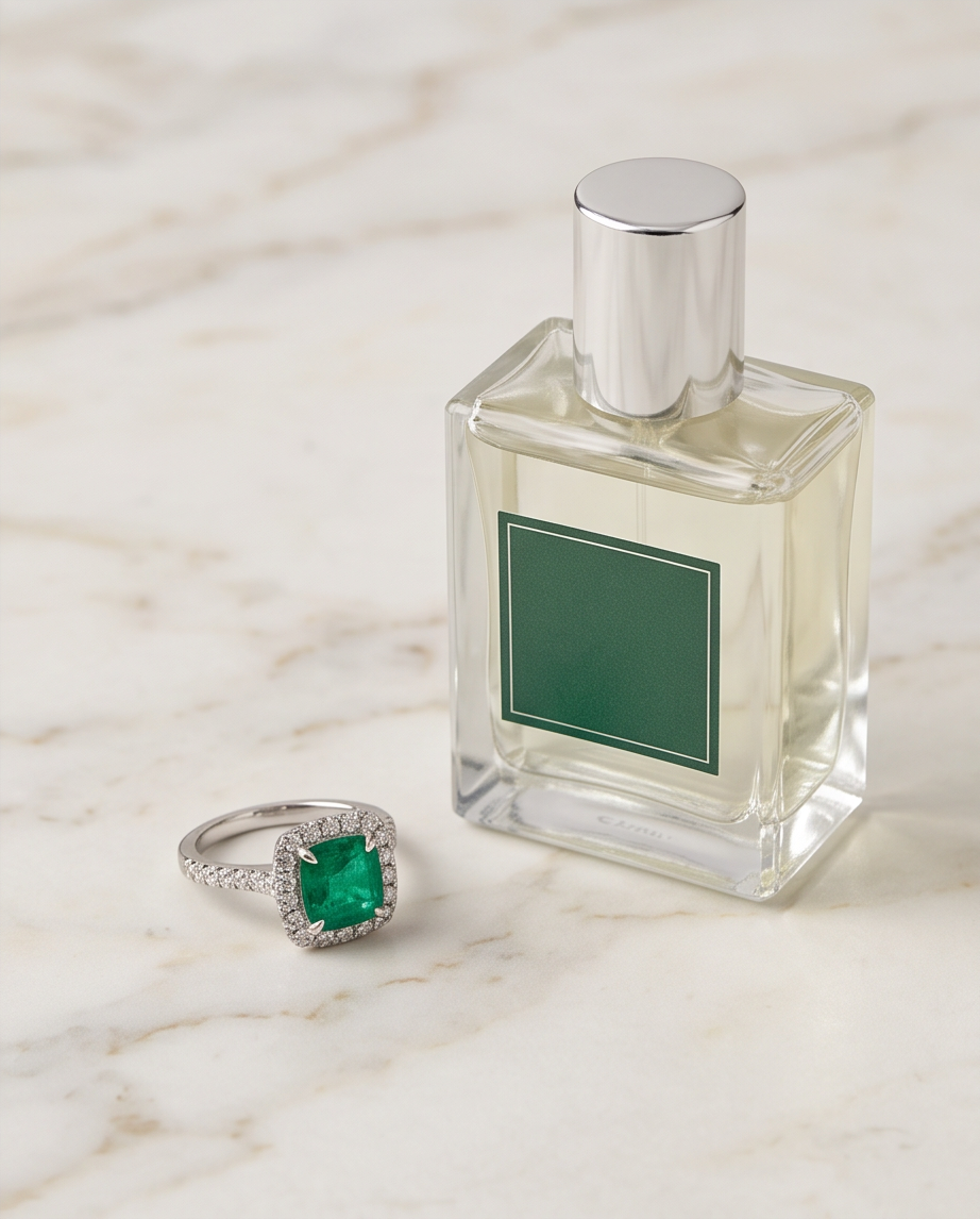 18K White Gold Emerald & Diamond Halo Ring