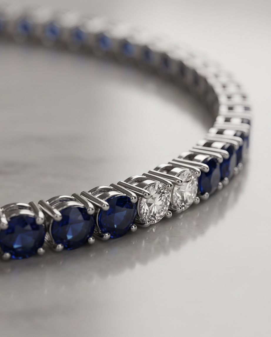 18kt White Gold Blue Sapphire & Diamond Line Necklace — 10.93 ctw, 18”
