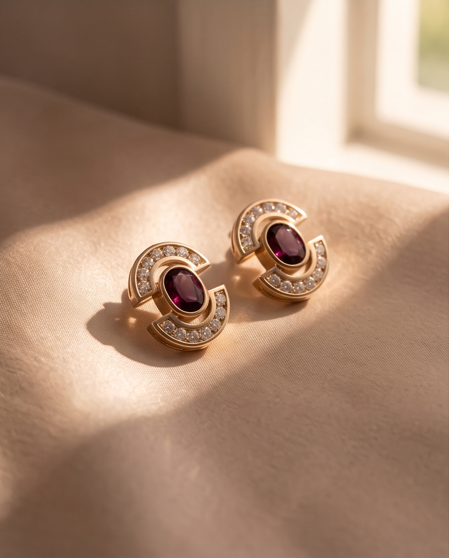 Estate Garnet & Diamond Deco Earrings in 14kt Yellow Gold