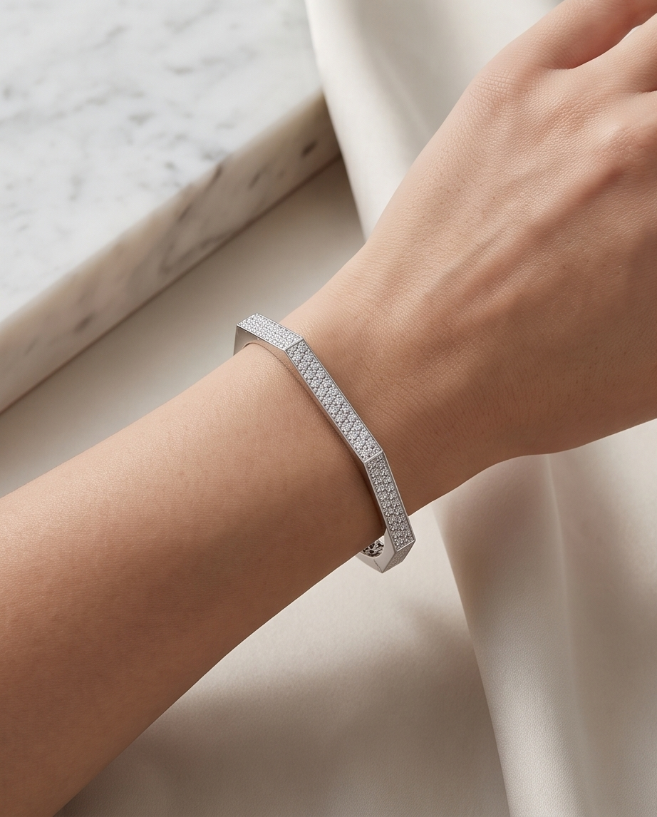 Geometric Pavé Diamond Hinged Bangle — 18K White Gold